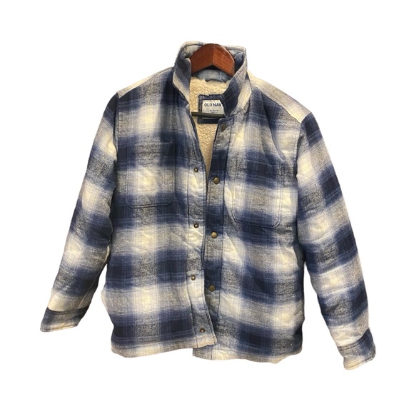 Men's Old Navy‎ Soft Sherpa Lined Blue Flannel Shacket Jacket - Size Xl 14-16 - Picture 1 of 6
